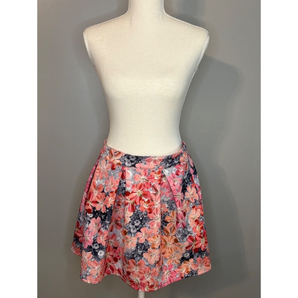 Bethany Mota Womens Floral Pleated‎ Mini Skirt Pink Orange Grey Skater Size M